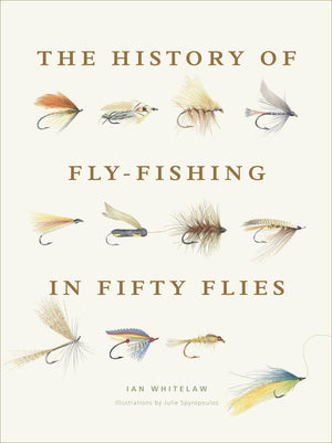 History of Fly-Fishing in Fifty Flies book by Abrams, showing the cover with vintage fishing images and text.