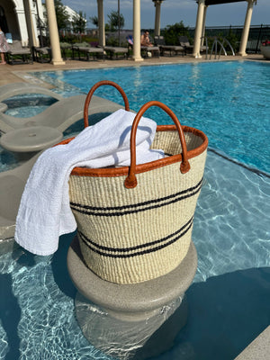 BAG/TOTE-White Mifuko Kiondo Kenya Bag with Navy stripes Premium brown Leather Rim and Straps. - Pleasant Beach Living