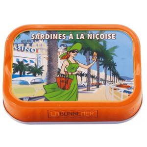Canned Ferrigno Nicoise-style sardines in olive oil, 4oz, from The French Farm, showing sardines packed in a metal can.