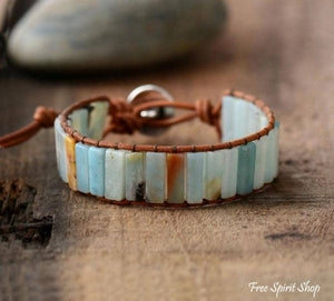 Natural Amazonite stone and leather Tree of Life bracelet from Free Spirit Shop, featuring a detailed pendant and beaded design.