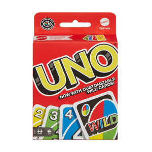 Toysmith UNO card game by Mattel Games, featuring colorful playing cards laid out on a table.