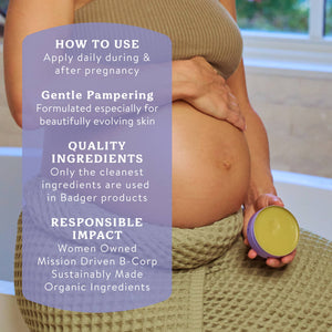 Organic Badger Baby-Beauty Belly Butter stretch mark cream in a jar, showing its smooth, natural texture for pregnant skin care.