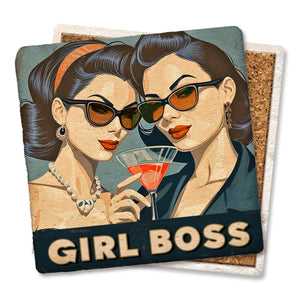 Girl Boss coaster from Tipsy Coasters & Gifts featuring bold black and white design with the words "Girl Boss" in stylish font.