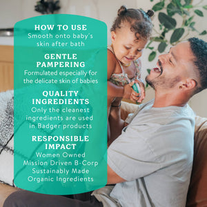 Badger Baby Balm for soothing diaper rash, cradle cap, and dry skin on a baby’s skin, in a small jar with a natural label.