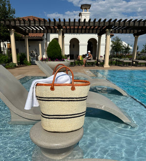 BAG/TOTE-White Mifuko Kiondo Kenya Bag with Navy stripes Premium brown Leather Rim and Straps. - Pleasant Beach Living