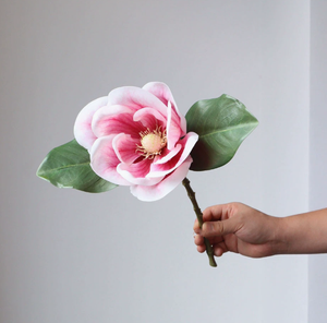 Pink Magnolia faux flower stem with 16 nature-touch blooms, ideal for floral arrangements, by Sweet Home Deco.