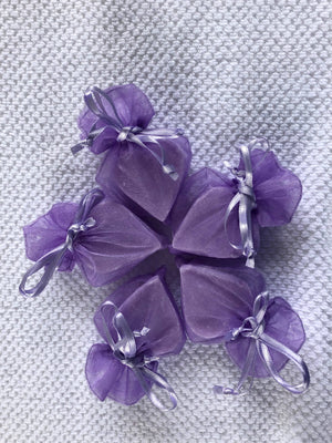 Set of La Belle France Tiny Heart Soaps wrapped in organza gift bag, featuring small heart-shaped soaps in delicate packaging.
