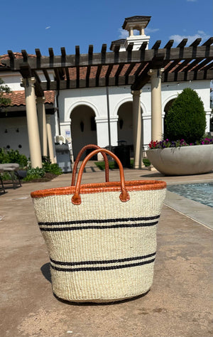 BAG/TOTE-White Mifuko Kiondo Kenya Bag with Navy stripes Premium brown Leather Rim and Straps. - Pleasant Beach Living