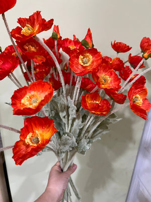 Colorful 22-inch silk poppy spray with flocked floral stem, vibrant and lifelike floral decoration, by Sweet Home Deco.