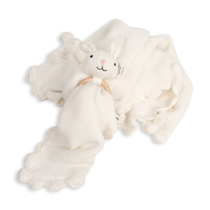 Viverano Organics baby blanket and bunny ring rattle gift set, scallop-knit soft blanket with plush bunny rattle for infants