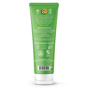 Badger Aloe Vera Gel for face and body, soothing after sunburn, with fresh aloe vera leaves and clear gel texture.