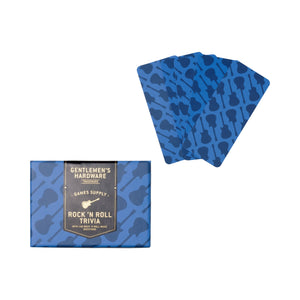 Gentlemen's Hardware Rock 'n Roll Trivia game featuring a colorful box with musical icons and trivia cards inside.