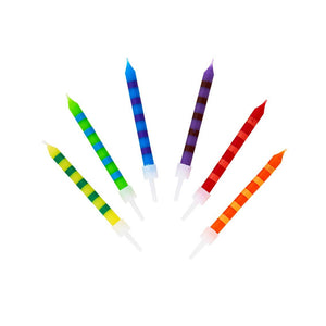 Set of 24 striped multicolor birthday cake candles from Talking Tables USA, featuring vibrant colors and decorative stripes.