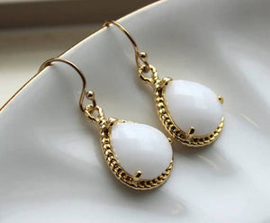 JEWELRY-EARRINGS-Gold White Opal Earrings - Pleasant Beach Living