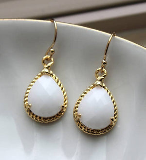 JEWELRY-EARRINGS-Gold White Opal Earrings - Pleasant Beach Living