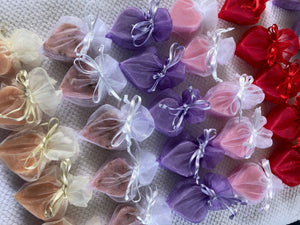 Set of La Belle France Tiny Heart Soaps wrapped in organza gift bag, perfect for gifting or decorative display.