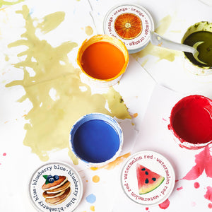 Shelf-stable, non-toxic finger paints by elseware unplug / eco-kids, designed for safe, colorful creative play for children.