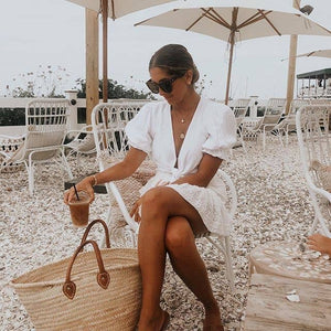 BAG/TOTE- Straw Bag Classic Handel Leather French Baskets - Pleasant Beach Living