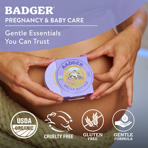 Organic Badger Baby-Beauty Belly Butter stretch mark cream applied to a pregnant belly, showing smooth, healthy skin.