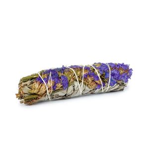 Handmade sage bundle with dried flowers, earthy and aromatic, crafted by Earths Elements Wholesale for cleansing and spiritual rituals.