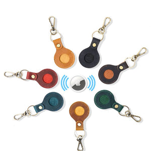 Genuine leather AirTag case with keychain from American Leather Goods, showcasing a sleek leather accessory for AirTags.