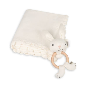 Viverano Organics baby blanket and bunny ring rattle gift set featuring a soft scallop-knit blanket and plush bunny rattle for infants.