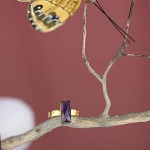 JEWELRY-RING, Amethyst  Rectangle Ring on a Hand Hammered Golden Band - Pleasant Beach Living