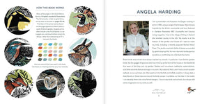 Coloring book for kids and adults by Angela Harding, featuring intricate nature illustrations, published by Simon & Schuster.