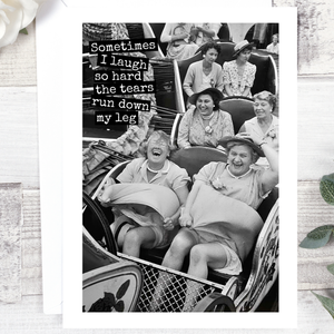 Funny greeting card by Raven's Rest Studio featuring the phrase "Sometimes I laugh so hard..." with humorous design elements.