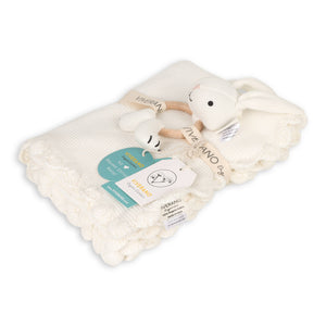 Viverano Organics baby blanket and bunny ring rattle gift set, soft scallop-knit blanket with a plush bunny rattle for infants.