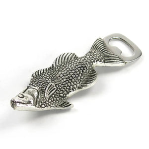Silver fish-shaped bottle opener with detailed scales and a metallic finish.