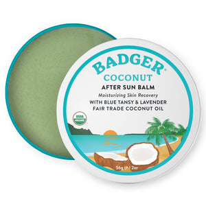 Badger Coconut After Sun Balm tube with soothing coconut formula for sunburn relief and skin hydration.