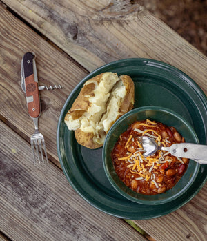 DM Merchandising Bunkhouse Pocket Picnic Camp Utensil, fold-out camping utensil with multiple tools, compact and portable for outdoor cooking.