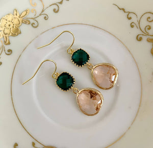 JEWELRY-EARRINGS-Gold Emerald Green Champagne Blush Earrings, Wedding Jewelry - Pleasant Beach Living