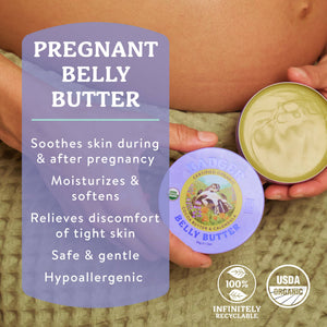 Organic Badger Baby-Beauty Belly Butter stretch mark cream jar with label and applicator in close-up shot.