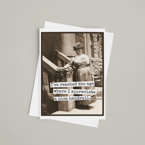 Greeting card from Raven's Rest Studio with a heartfelt message about appreciating a nice handrail, featuring elegant design and artwork.