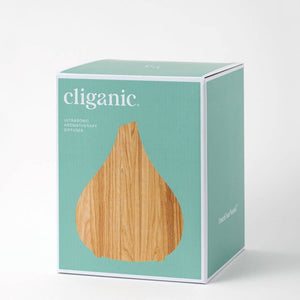 Cliganic ultrasonic aromatherapy diffuser emitting mist with colorful LED lights, designed for health and beauty use.