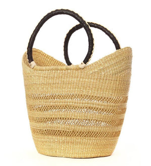 African Natural Yikene Open Wave Ghana Beach Bag - Black & Tan Handles - Pleasant Beach Living