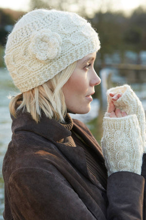 CLOTHING-Chamonix - Cream Cable Knit Crocheted Flower Beanie Hat - Pleasant Beach Living
