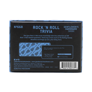 Rock 'n Roll Trivia game by Gentlemen's Hardware featuring a deck of cards with rock music questions and images.