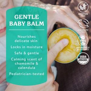 Badger Baby Balm for soothing diaper rash, cradle cap, and dry skin on a baby's skin with a small jar of balm.