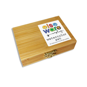 Watercolor set with 18 colors in a bamboo box by elseware unplug eco-kids, featuring vibrant watercolor paints and natural packaging.