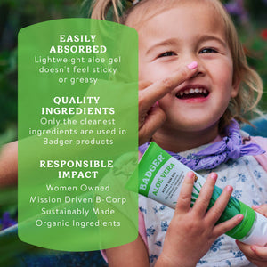Badger Aloe Vera Gel for face and body, soothing sunburn relief and hydration, in a clear tube with green accents.