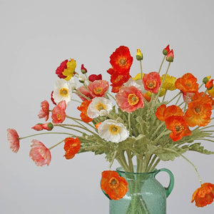Colorful 22-inch silk poppy floral stem with flocked petals, from Sweet Home Deco, showcasing vibrant, realistic flower details.