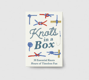 Abrams Knots in a Box set of 30 essential knots for outdoor and toy use, displayed with various tied knots on a white background.