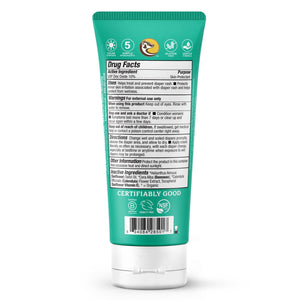 Badger Baby Bath Diaper Cream with Zinc Oxide, organic and gentle, shown in a tub with a spoon for applying to baby's skin.