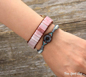 JEWELRY- BRACELET-Natural Pink Opal Stone Leather Wrap Bracelet - Pleasant Beach Living
