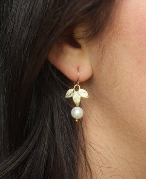 JEWELRY-EARRINGS-Gold Freshwater Pearl Leaf Earrings - Pleasant Beach Living
