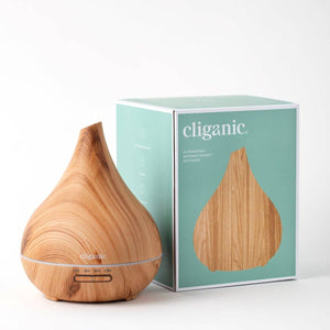 Cliganic ultrasonic aromatherapy diffuser with a sleek white design and mist outlet, ideal for essential oils and relaxing ambiance.