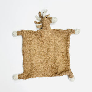 Brown plush deer blanket with white antlers and hooves, laid flat on a white background.